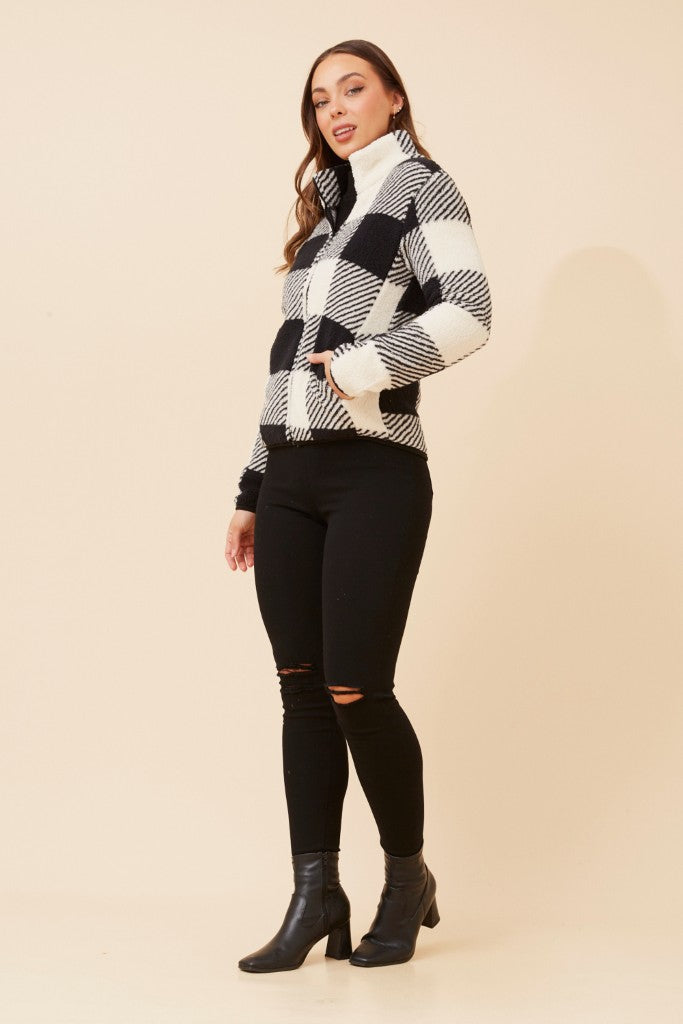 Zip Up Teddy Jacket in Black Check