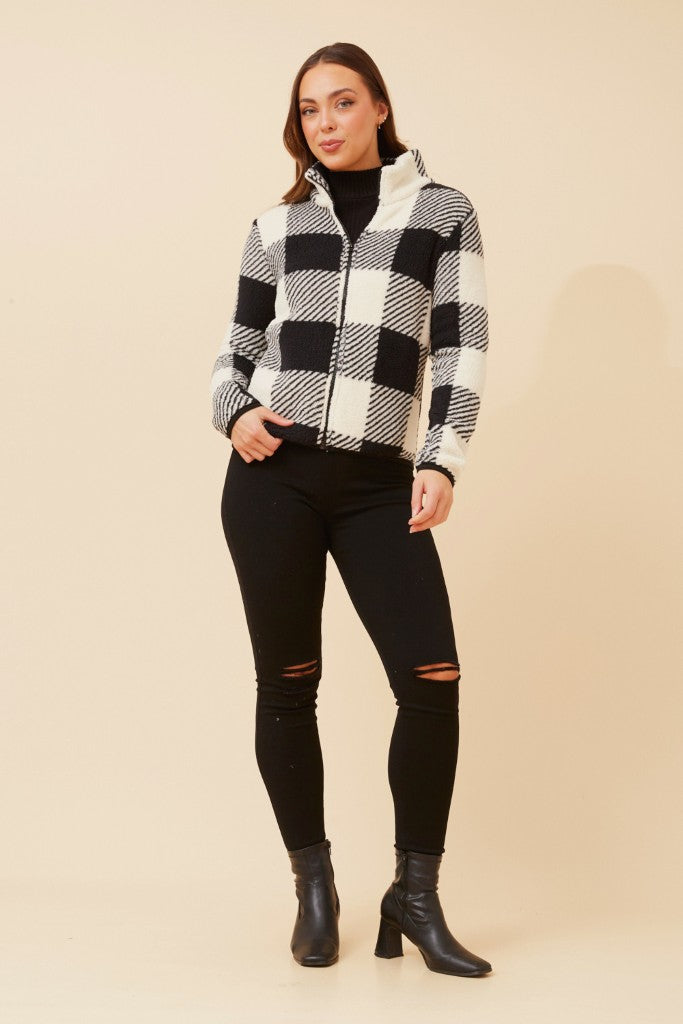Zip Up Teddy Jacket in Black Check
