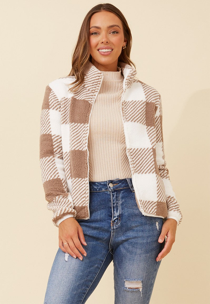 Zip Up Teddy Jacket in Brown Check