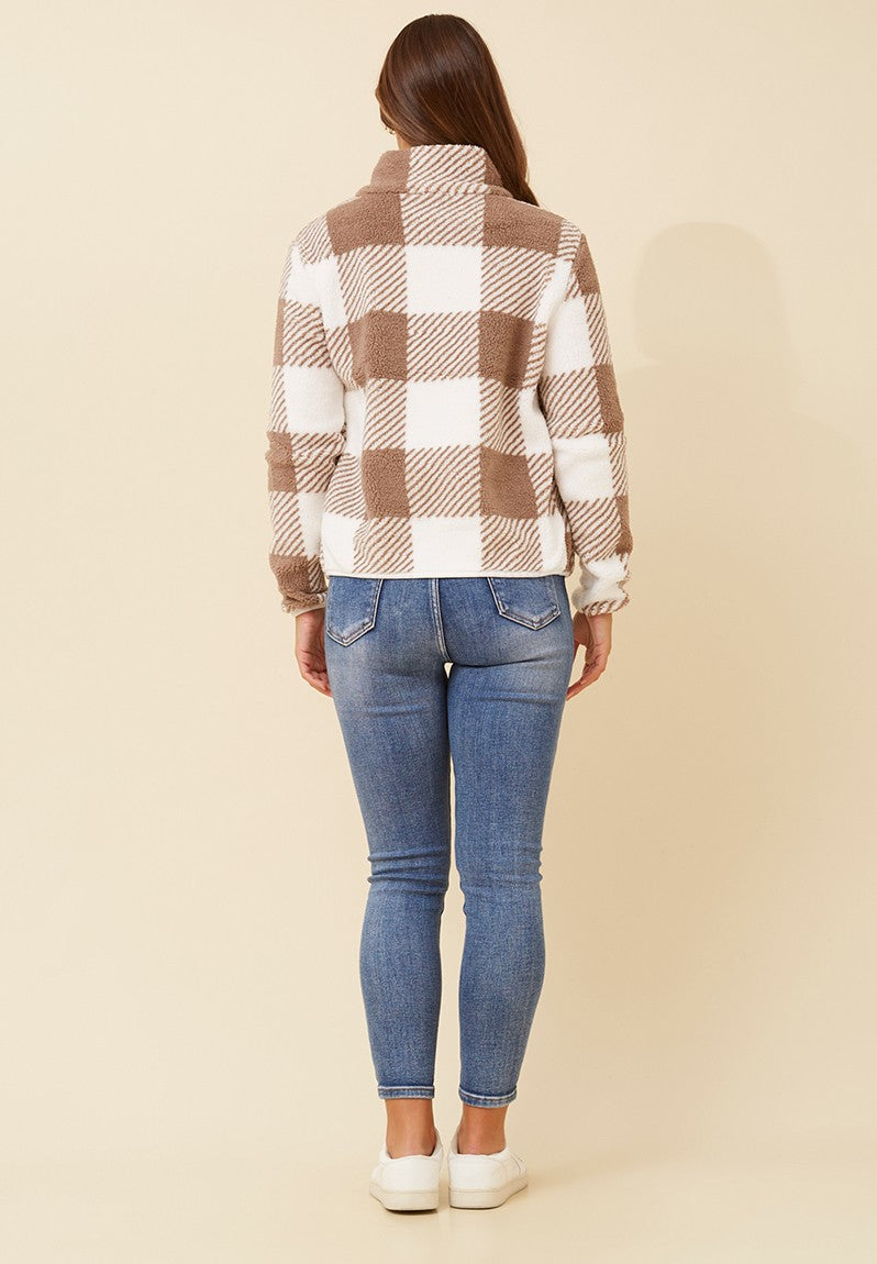Zip Up Teddy Jacket in Brown Check
