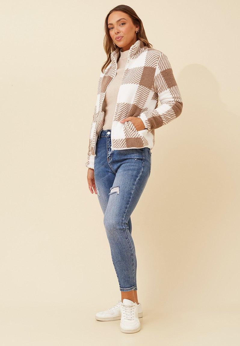 Zip Up Teddy Jacket in Brown Check