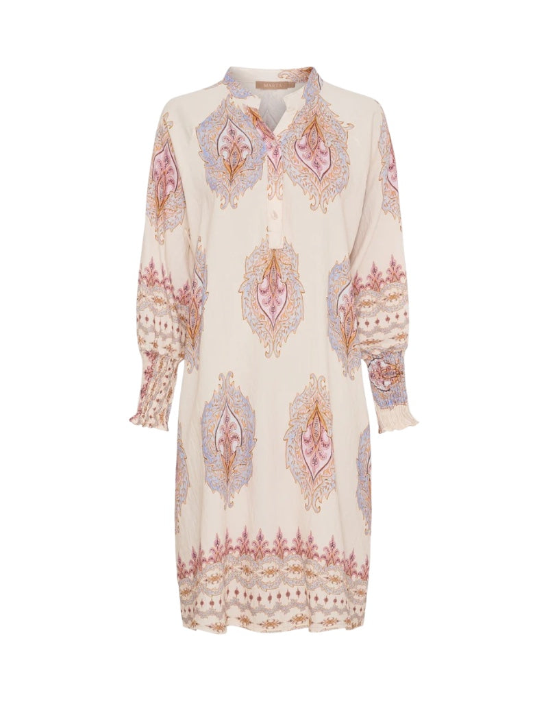 Long-sleeve dress with a pattern on a white background