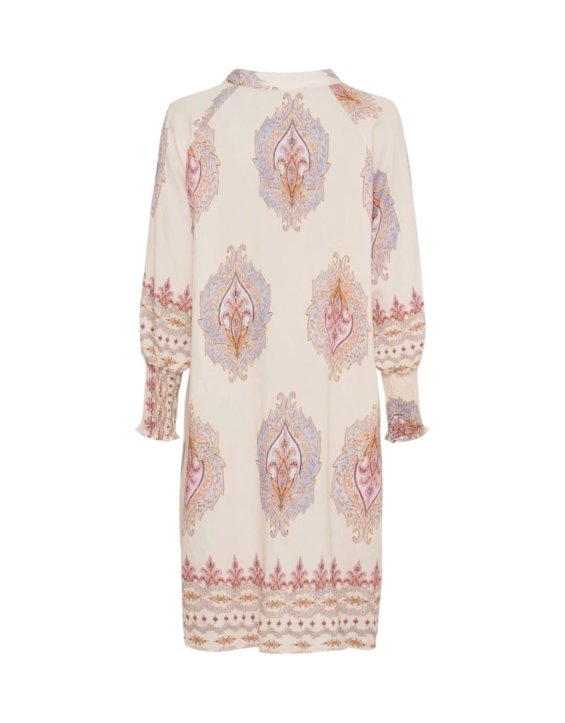 Long-sleeve dress with decorative pattern on a white background