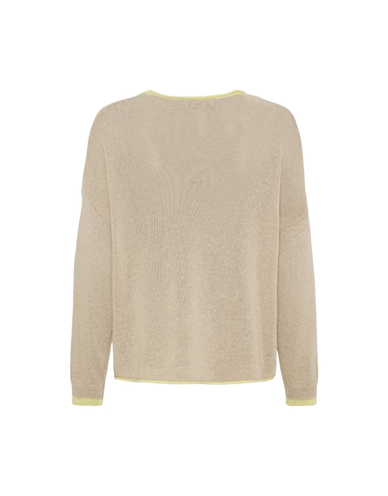 Beige sweater with yellow trim on a white background