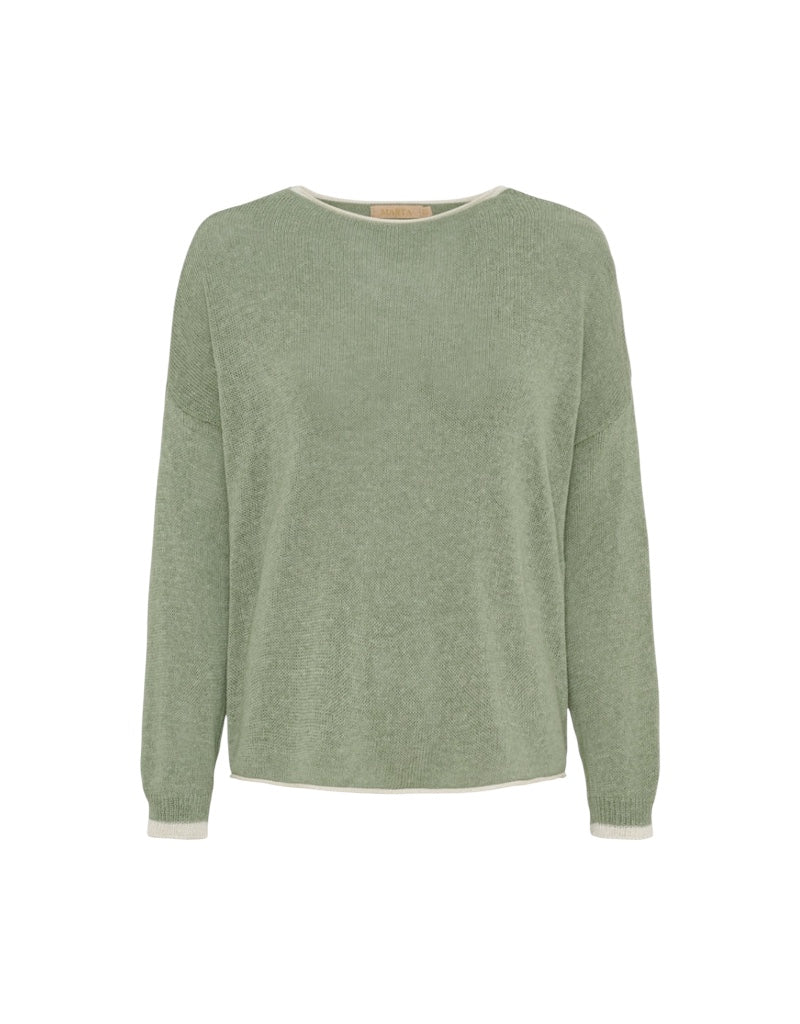 Green knit sweater with contrasted trim by the brand Marta Du Chateau on a white background