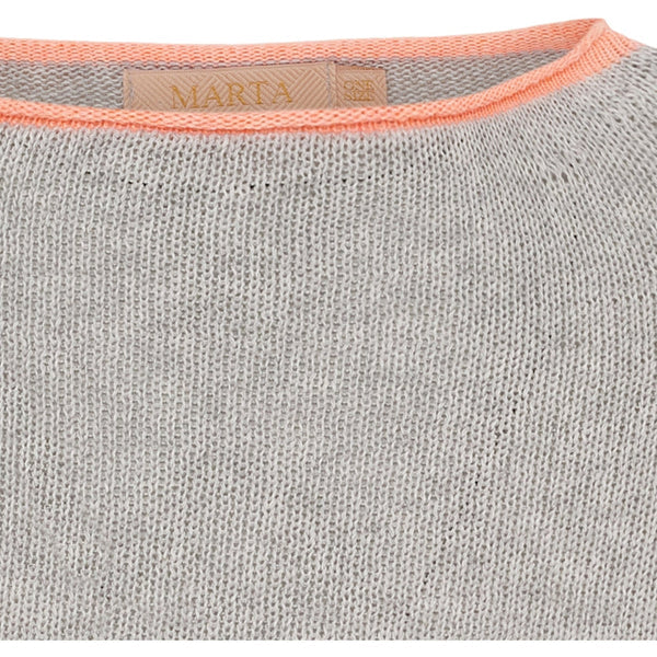 Gray knit fabric with coral trim and Marta label on a white background