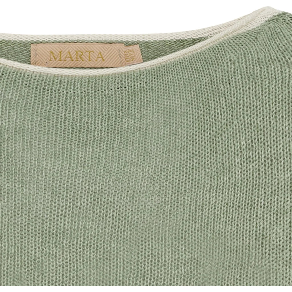 Close-up of a green fabric with a 'Marta' label on a white background