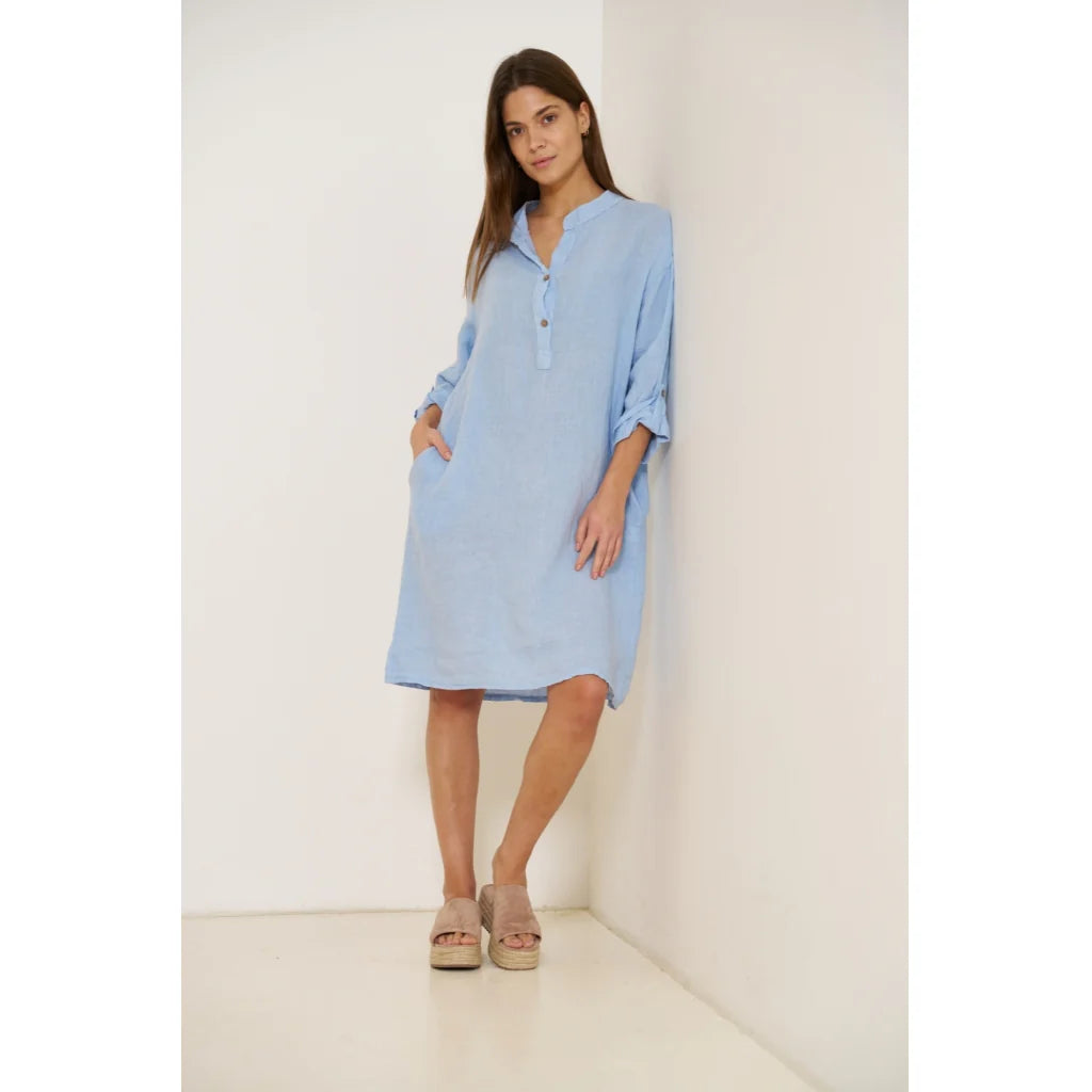 Ness Linen Dress in Celeste