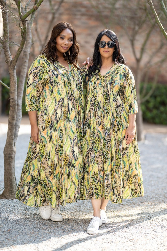 V-Neck Pintuck Dress in In The Jungle