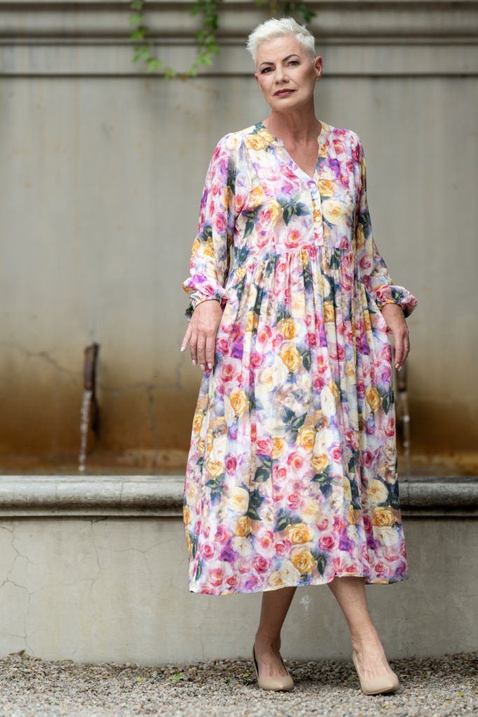 Rose Pattern Mandarin Collar Dress