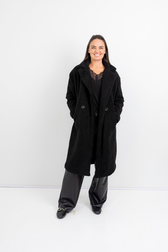 Nouvelle Teddy Fur Lined Coat in Black
