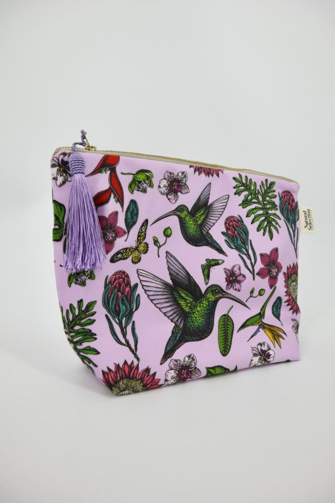 Large Velvet Makeup Bag in Violet Hummingbird