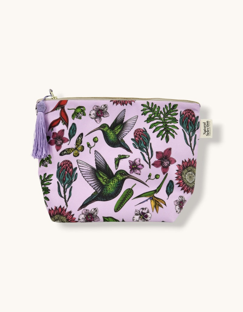 Large Velvet Makeup Bag in Violet Hummingbird