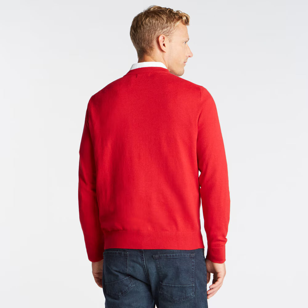back of Man wearing a red sweater and blue jeans on a white background