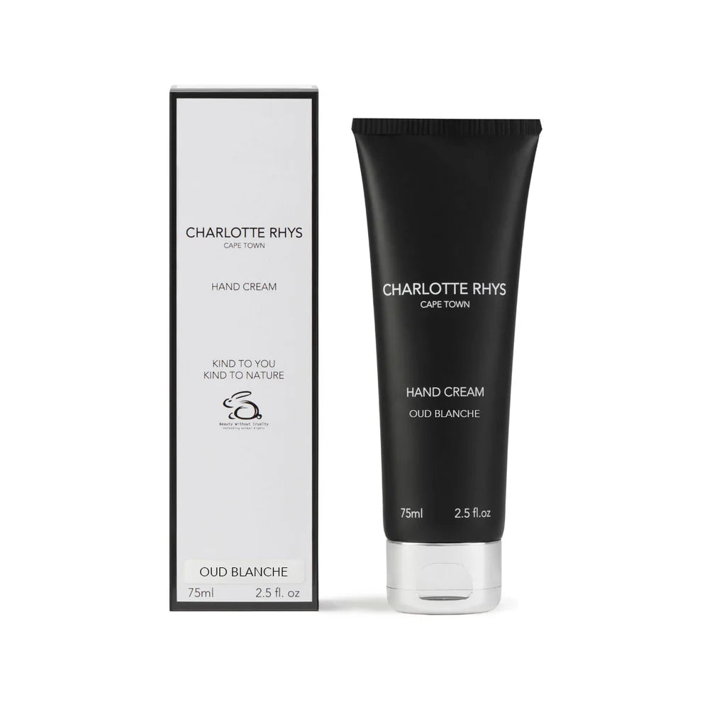 Black hand cream tube and packaging with 'Charlotte Rhys' branding on a white background