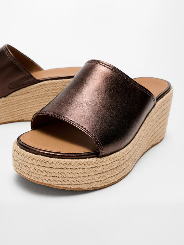 Espadrille Leather Wedge Slides in Chocolate Brown