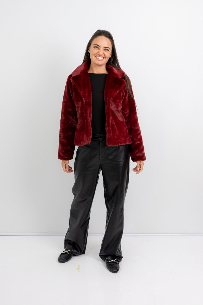 Prato Lined Fur Jacket & Shawl Collar in Bordeaux
