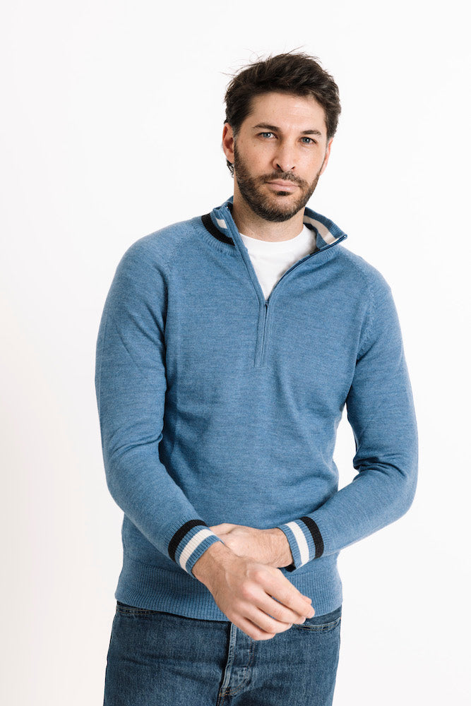 Merino Wool 1/4 Zip Sweater in Denim Blue