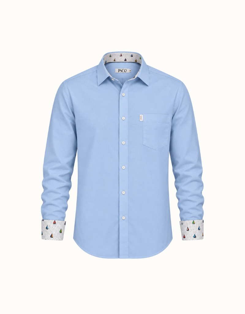 Oxford Cotton Contrast Shirt in Sky / Sailboats