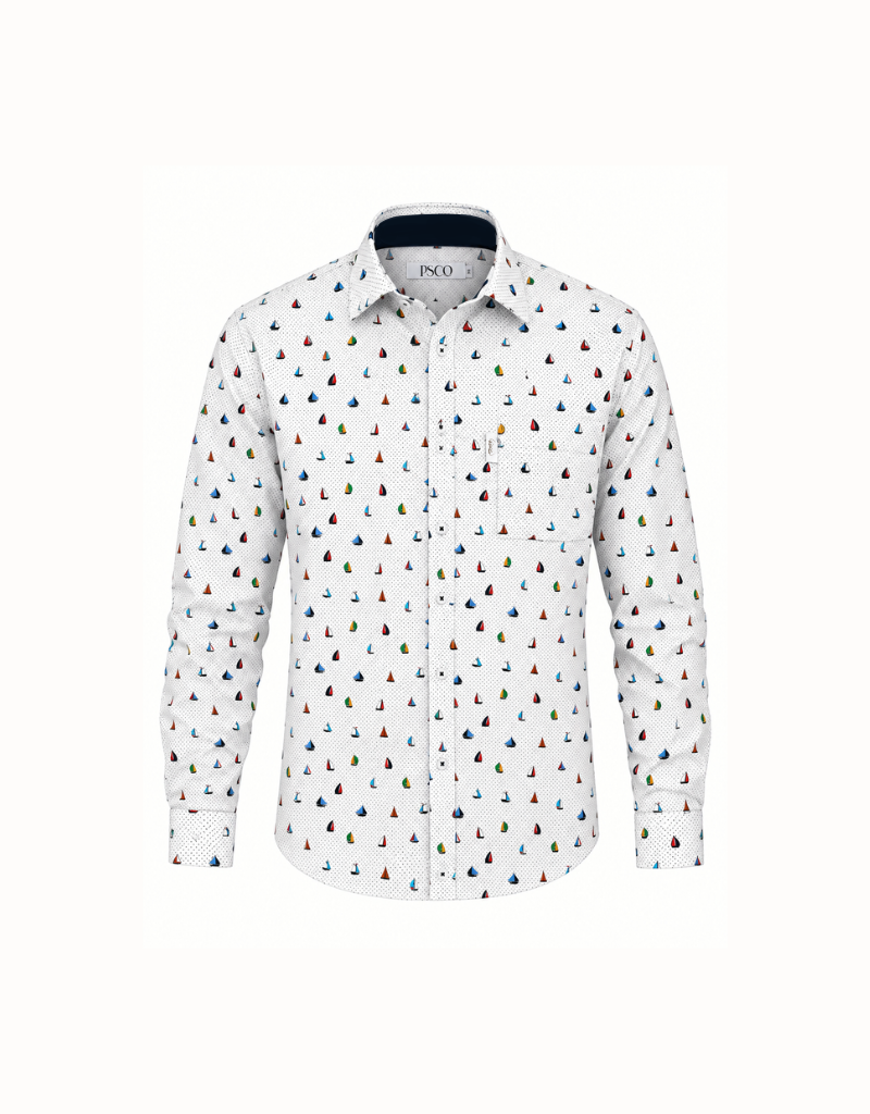 Printed Cotton LS Shirt in Sailboats