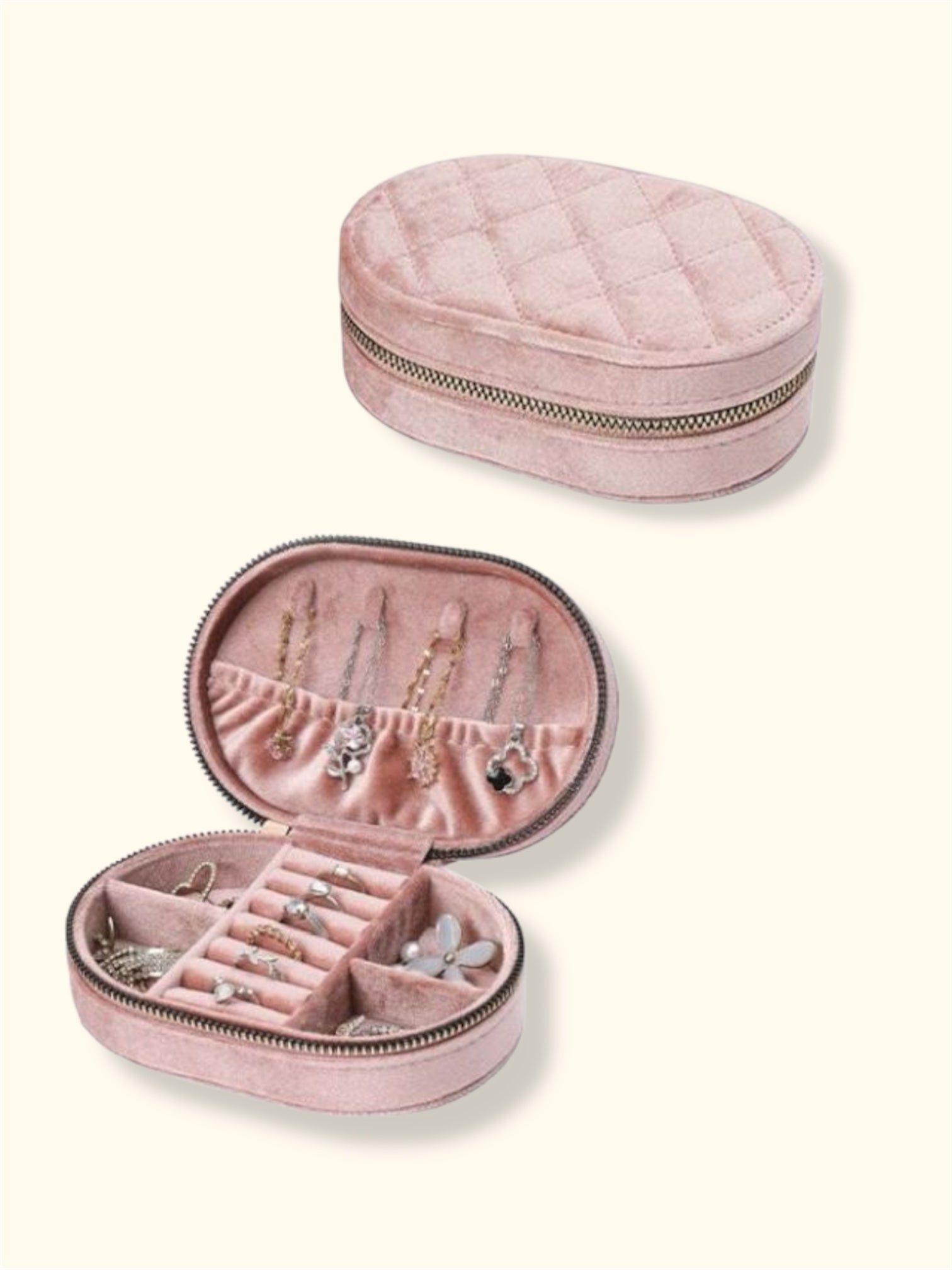 Medium Oval Quilted Jewellery Travel Case in Antique Pink Velvet