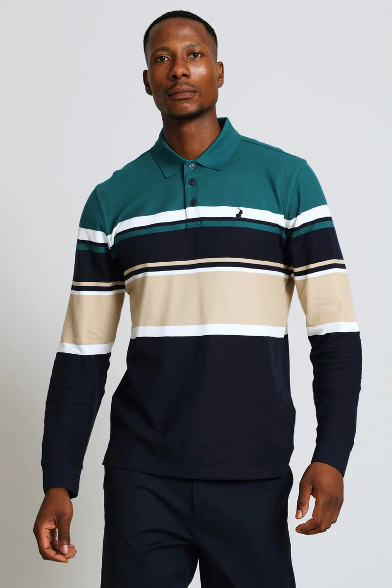 Polo Tilston Pique Stripe LS Golfer Green | Shop AP Jones Online Now