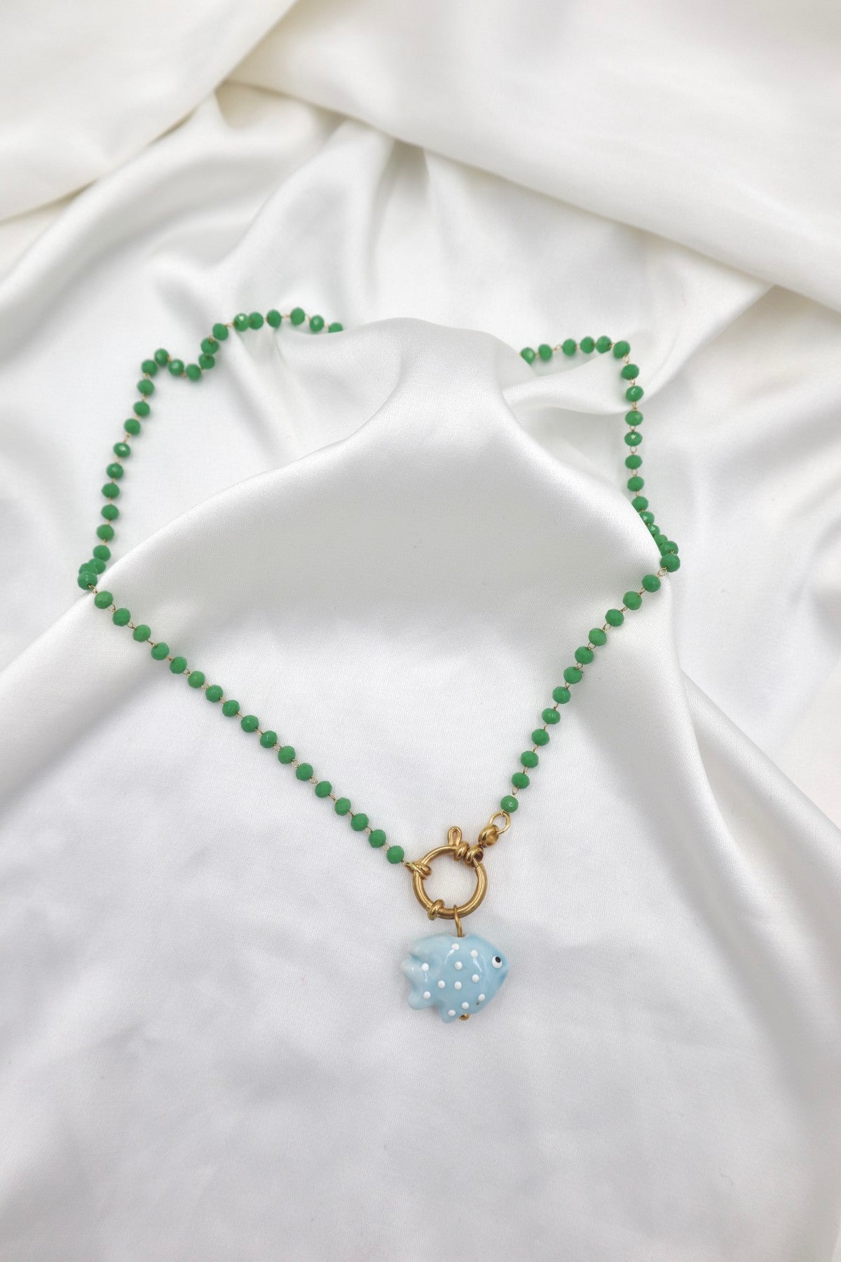 Porto Crystal Charm Necklace in Green / Fish