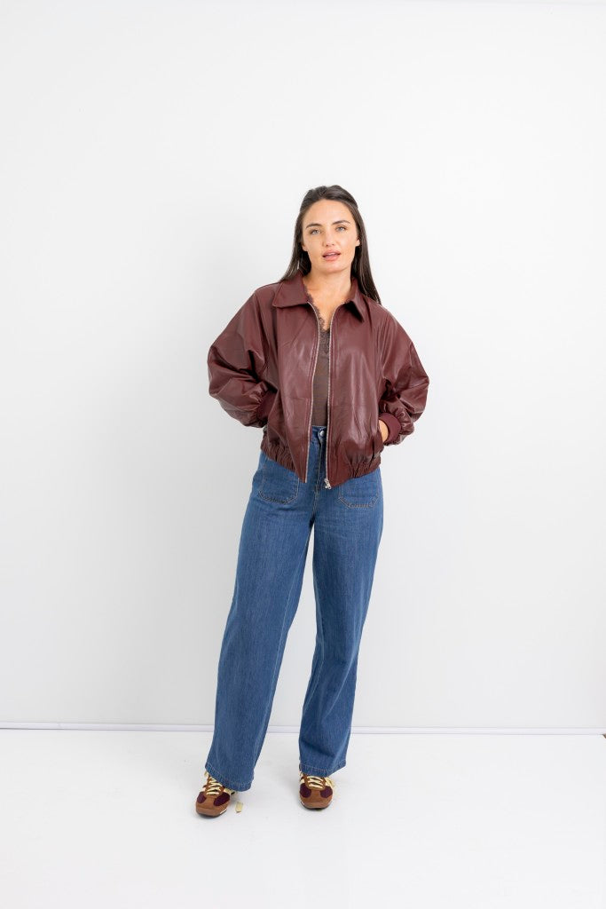 Santa Monica Vegan Leather Zipper Jacket in Bordeaux