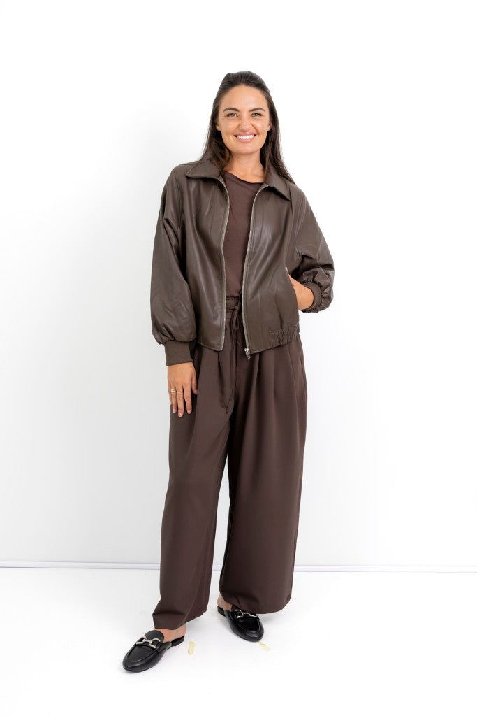 Santa Monica Vegan Leather Zipper Jacket in Chocolate