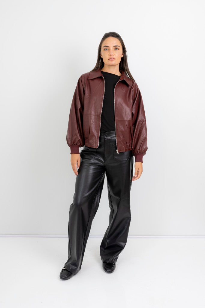 Santa Monica Vegan Leather Zipper Jacket in Bordeaux