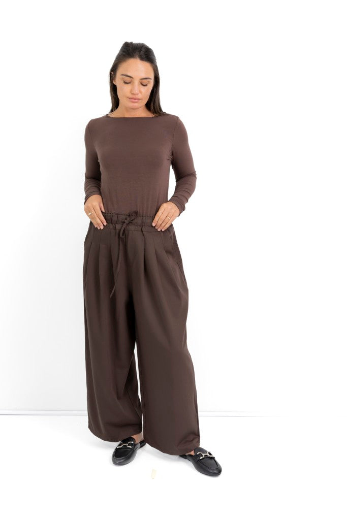 Simi Pleated Drawstring Pants in Chocolate