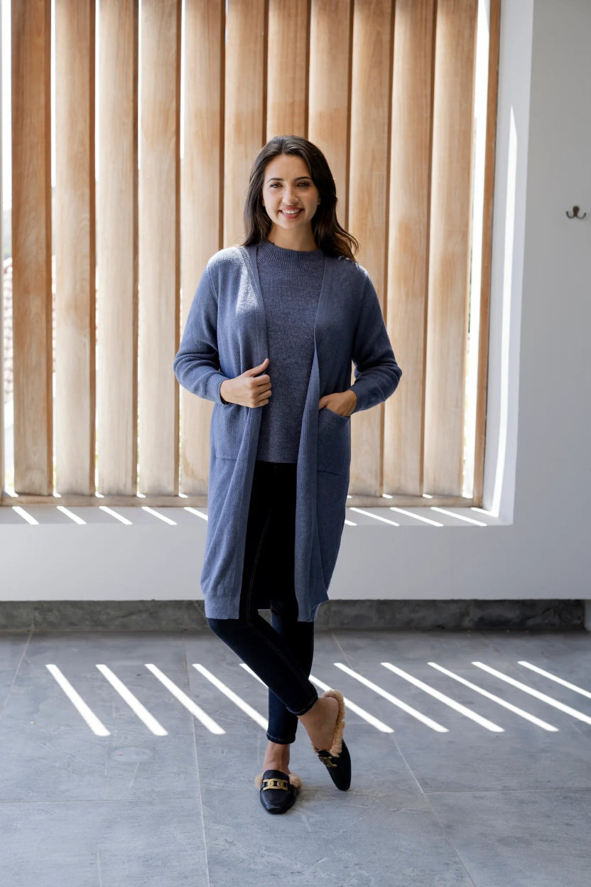 Seville Fine Rib Pocket Cardi in Denim
