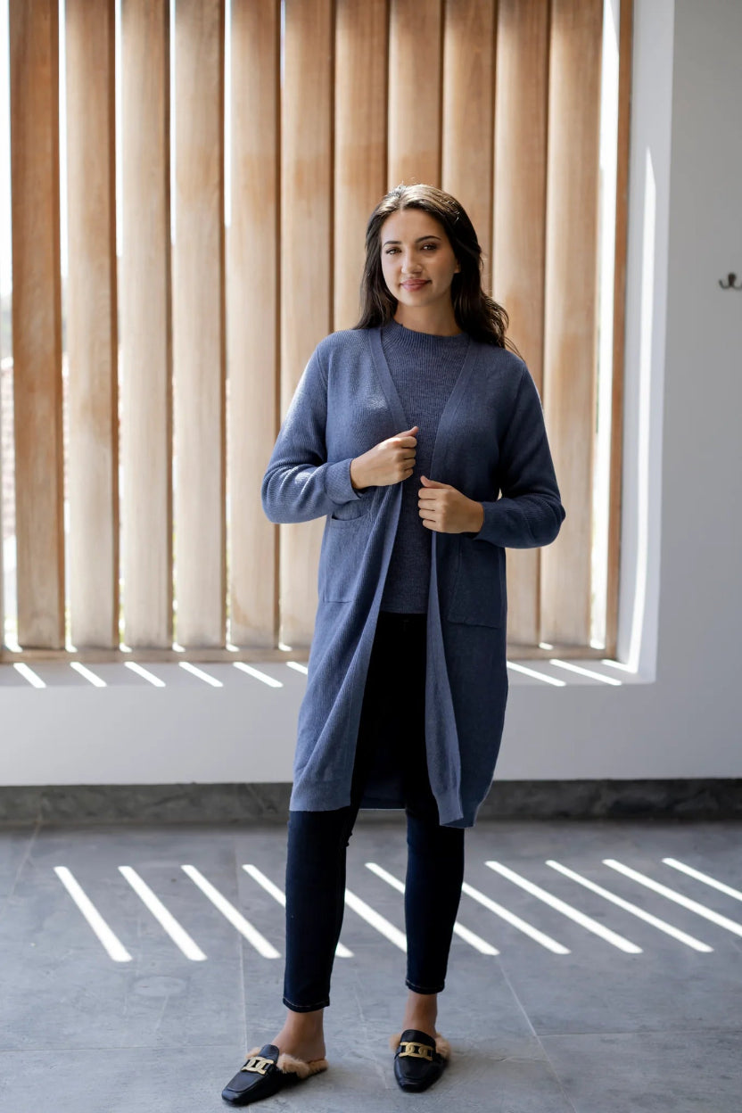 Seville Fine Rib Pocket Cardi in Denim