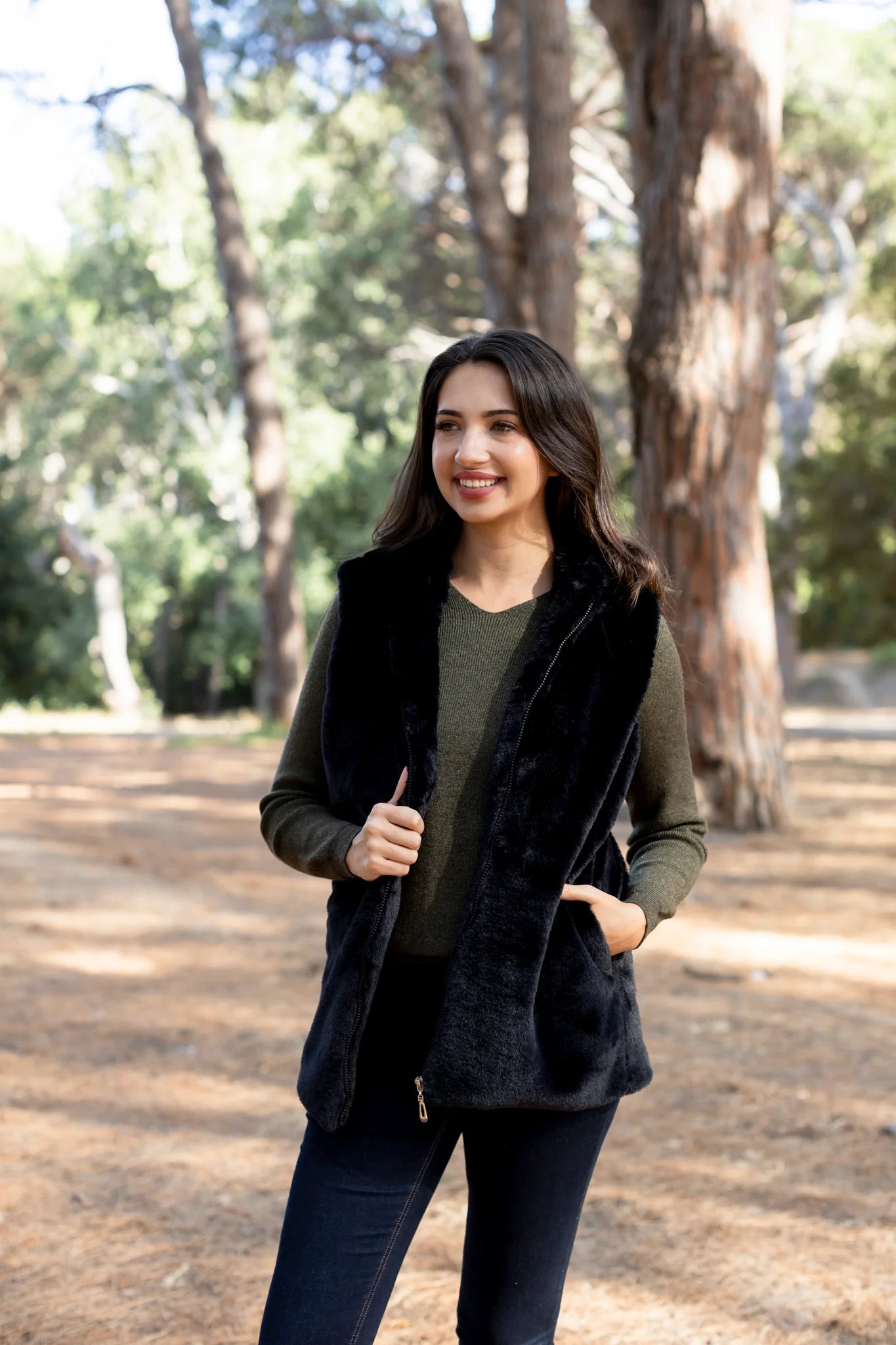 Avignon Hooded Fur Gilet in Black