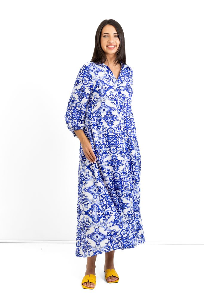 Emily Long Button Through Dress in Capri Blues