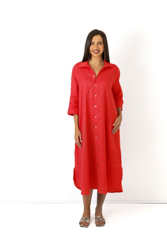 Giselle Linen Button Through Dress in Cherry