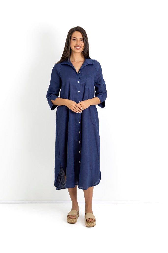 Giselle Linen Button Through Dress in Navy