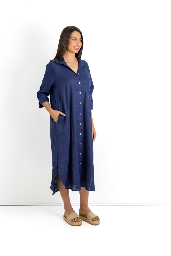 Giselle Linen Button Through Dress in Navy