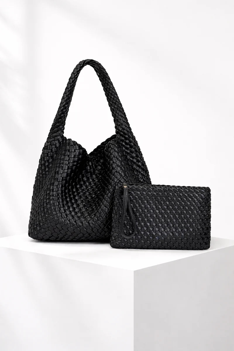 Jourdan Plaited Large Vegan Handbag in Black