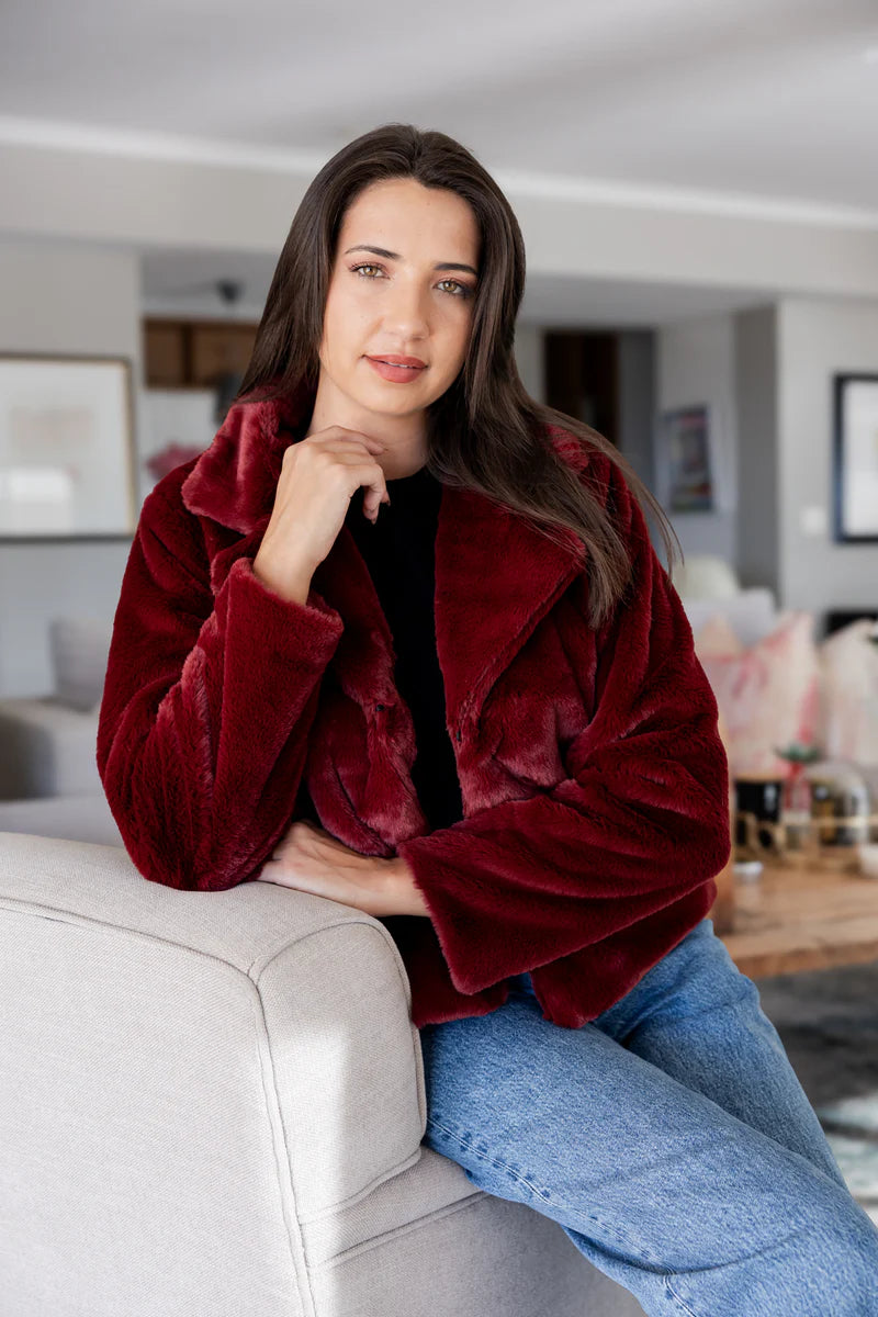 Prato Lined Fur Jacket & Shawl Collar in Bordeaux