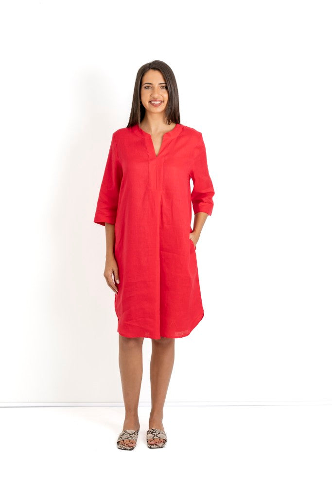 Sophia Linen Mandarin Shift Dress in Cherry