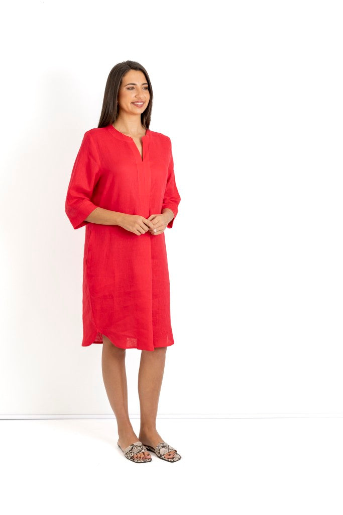Sophia Linen Mandarin Shift Dress in Cherry