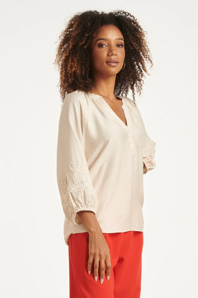 Floral Sleeve Detail Top in Off White