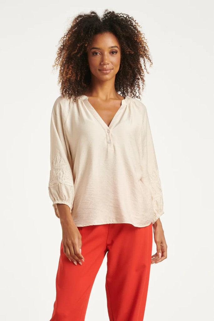Floral Sleeve Detail Top in Off White