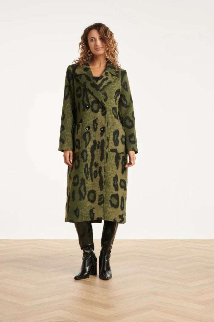 Long Animal Print Coat in Black / Army
