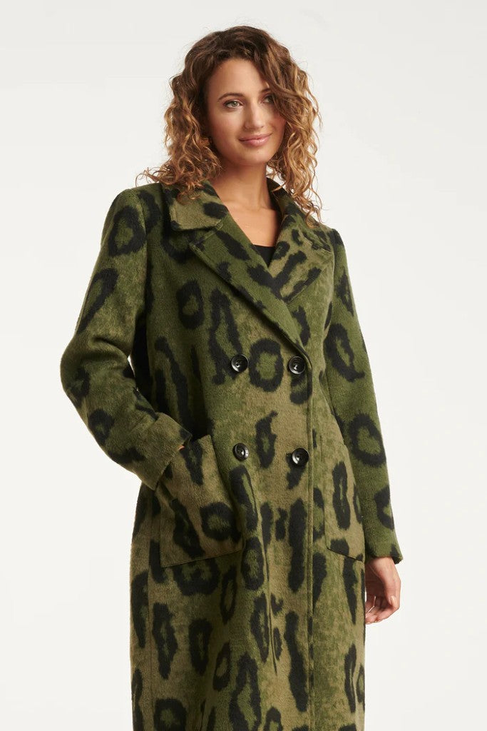 Long Animal Print Coat in Black / Army