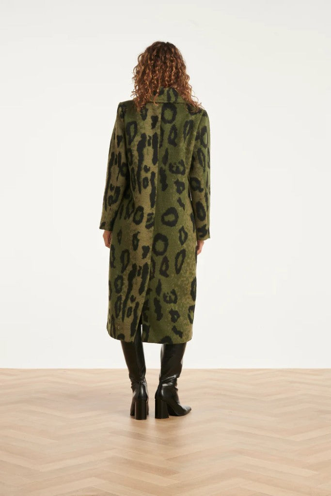 Long Animal Print Coat in Black / Army