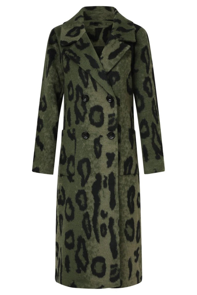 Long Animal Print Coat in Black / Army