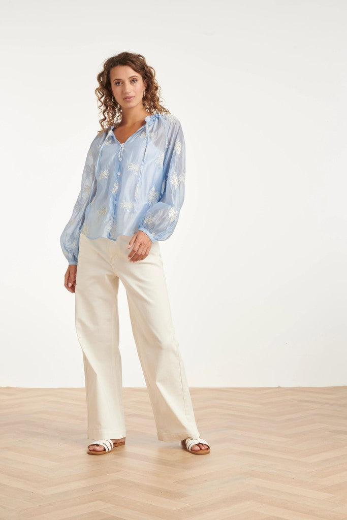Ruffle Collar Silk Blouse in Light Blue