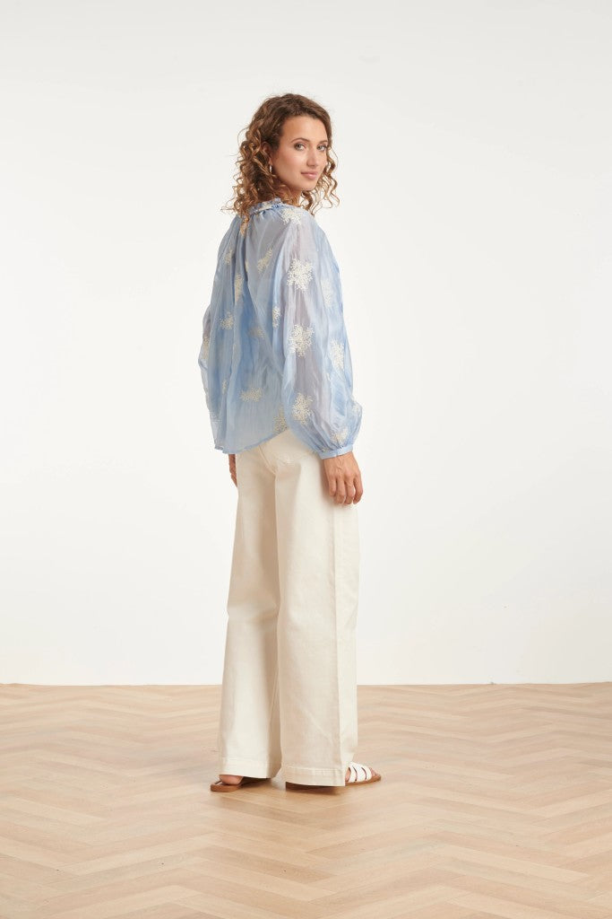 Ruffle Collar Silk Blouse in Light Blue